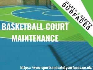 Basketball Court Maintenance Background of maintained Basketball Court with green overlay. URL bottom right, Sports and Safety Surfaces logo top right. Text "Basketball Court Maintenance"