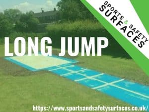Background of Long Jump with green overlay. URL in bottom right with Sports and Safety Surfaces Logo top right. Text "Long Jump" on image.