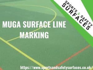 Background of MUGA Surface Line Marking with green overlay. URL in bottom right with Sports and Safety Surfaces logo top right. Text "MUGA Surface Line Marking"